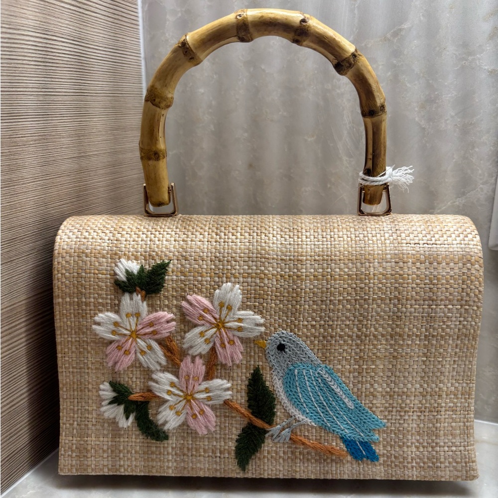 NWT Haute Hippie Embroidered Bluebird & Floral Tan Handbag with Bamboo Handle
